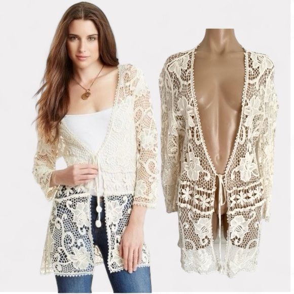 Vintage Style open weave Crochet Grandmacore bohemian Tie String Cardigan - Picture 3 of 8